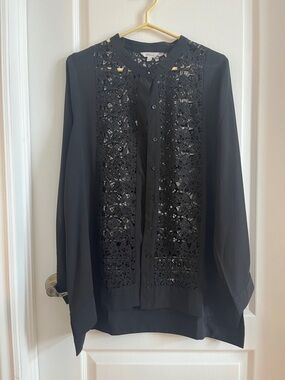 Reitmans Black Lace-Front Button Down Blouse - Women